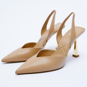 Faux Leather Point Toe Stiletto Heel Pumps in Khaki